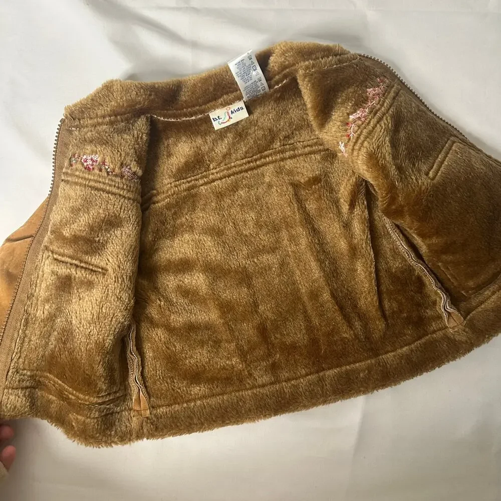 Vintage B.T. Kids Floral Embroidered Brown Faux Fur Suede Jacket / Coat Sz 18 mo